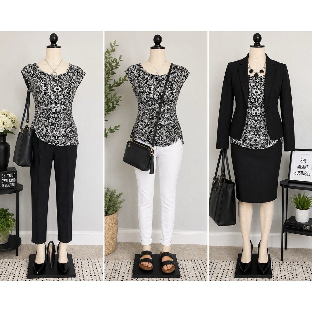 Vince Camuto M Black White Geometric Blouse Top Ruffle Medium
